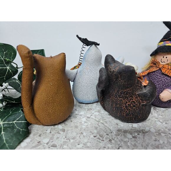 Set of 5 Primitive Rustic Leatherette 5" Aged HALLOWEEN Ghost Black Cat Witch - Picture 6 of 7